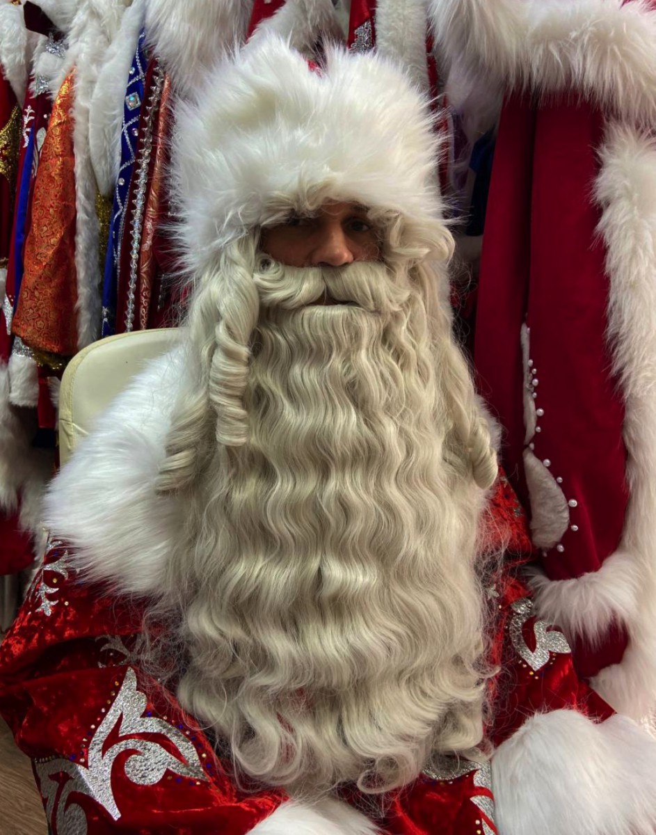 Профессиональная Борода Деда Мороза + Парик (70см) седая